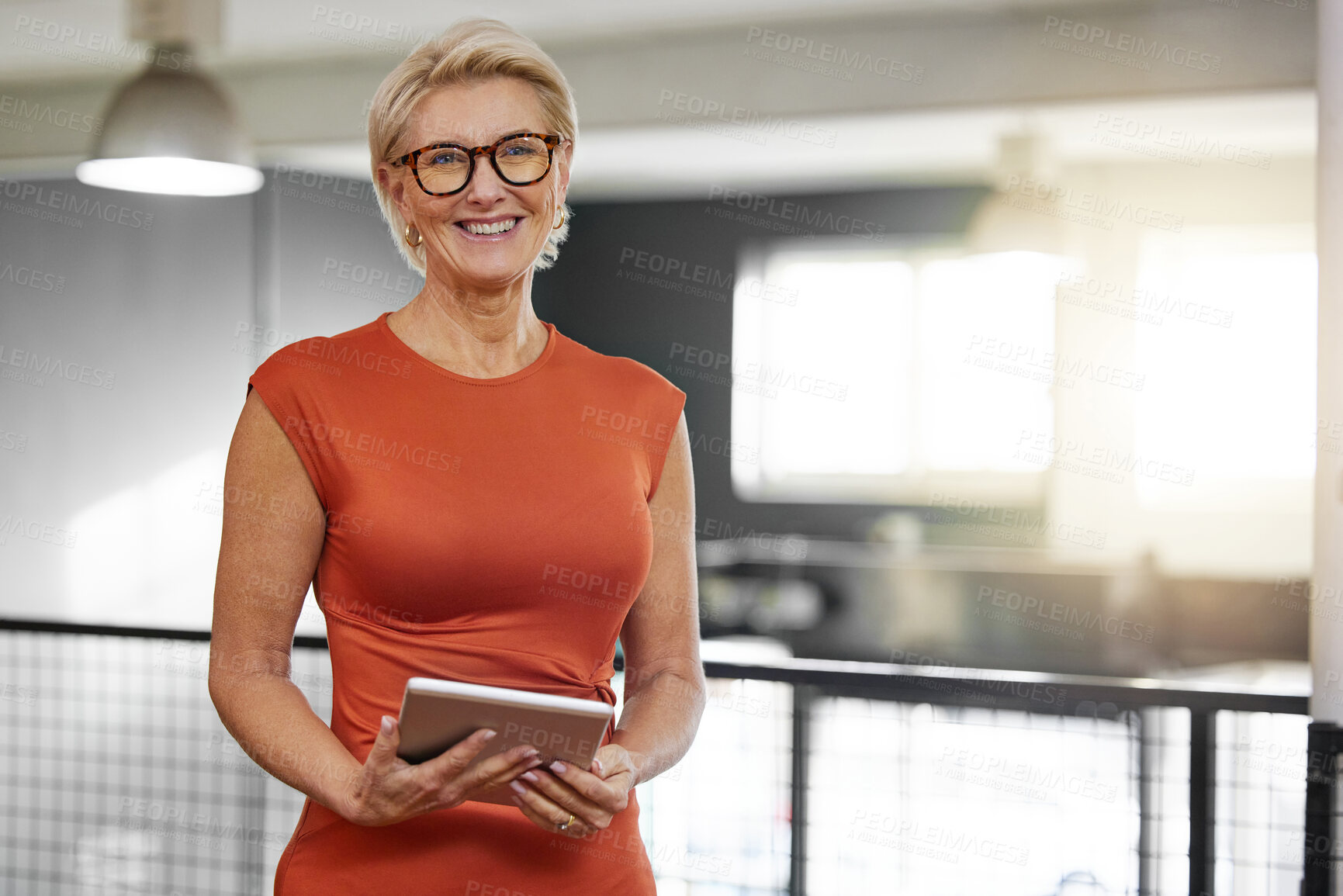 Buy stock photo Portrait, tablet and smile of business woman in office with pride for career and job. Ceo, boss and happy face of elderly female entrepreneur or professional from Canada in company with technology.
