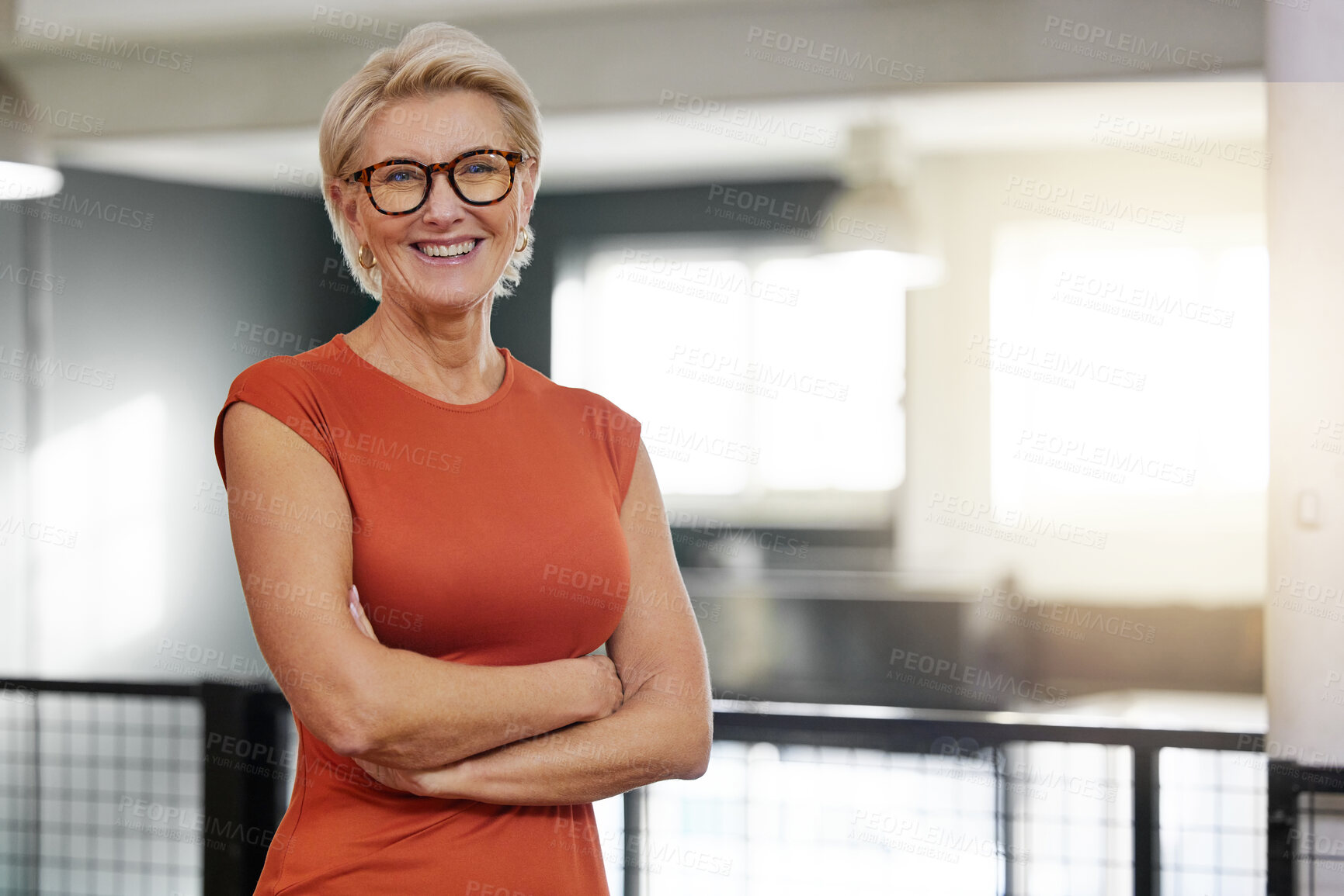 Buy stock photo Portrait, arms crossed and smile of business woman in office with pride for career and job. Ceo glasses, boss face and happy, confident and proud elderly female entrepreneur from Canada in company.