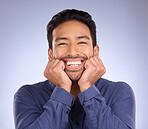 Portrait, excited and Asian man with success, smile and guy with news against grey studio background. Happy, Japan and male touching face, celebration and cheerful with joy, announcement or life goal