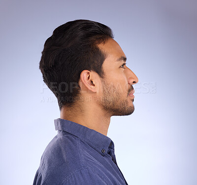 Buy stock photo Profile, head and thinking with a man in studio on a gray background looking thoughtful or contemplative. Idea, side and face with a handsome young male contemplating a thought on a color wall