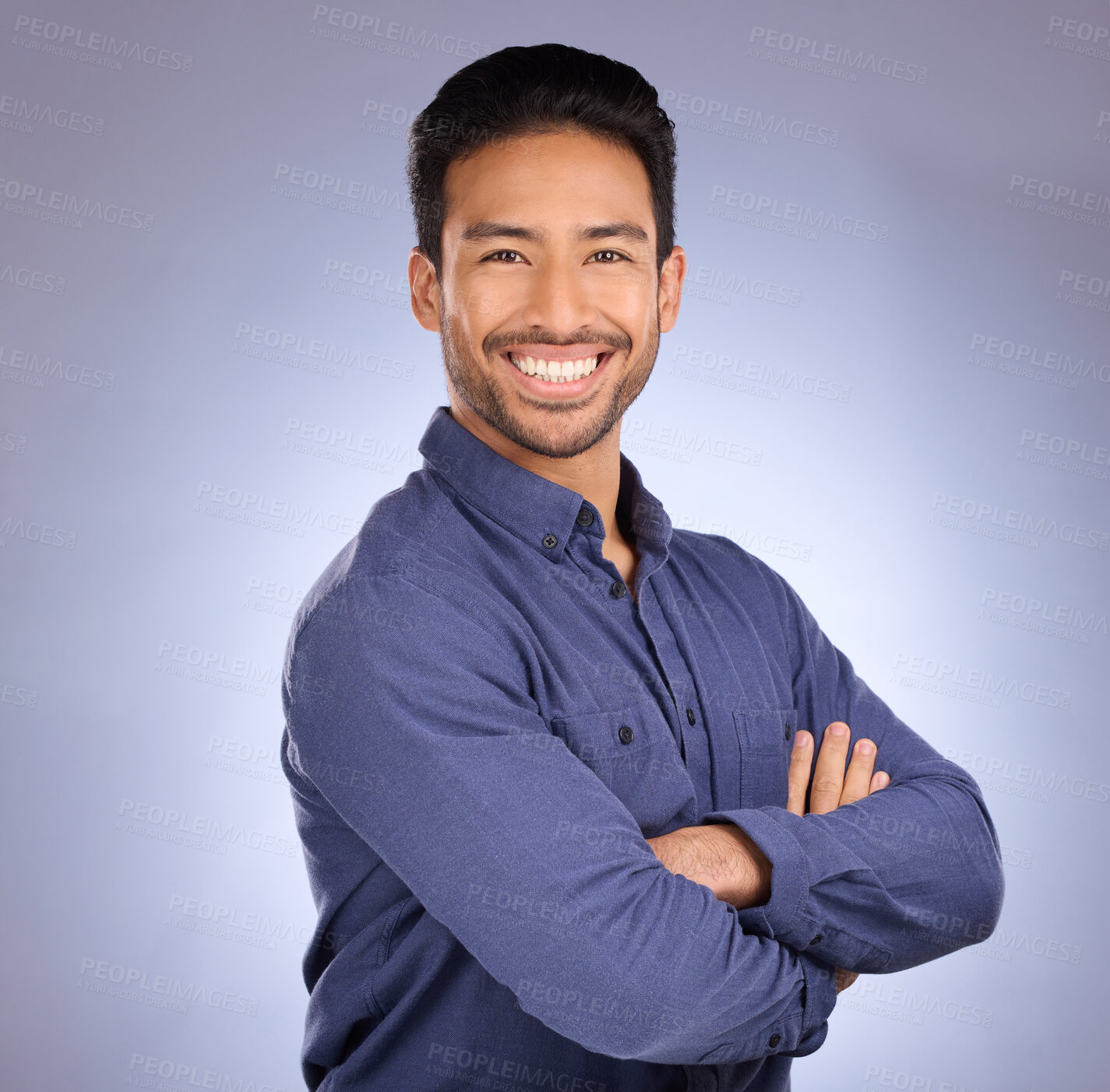 Buy stock photo Business man, consultant smile and portrait of staff from the Philippines in studio. Isolated, blue background and proud and confident businessman and entrepreneur ready for professional working