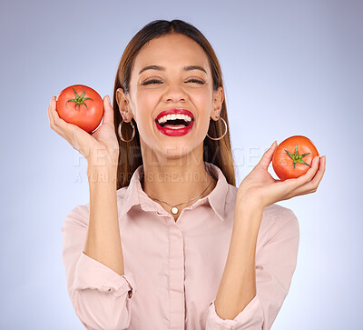 Buy stock photo Portrait, black woman and tomatoes for diet, vegan and healthy lifestyle against a grey studio background. Face, Jamaican female and lady with red vegetables, aesthetics and wellness with happiness