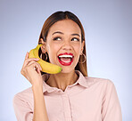 Woman, studio and banana phone call for hello, happiness or comic communication for makeup, beauty or fashion. Gen z girl, funny chat or conversation with mobile fruit for diet, wellness or cosmetics