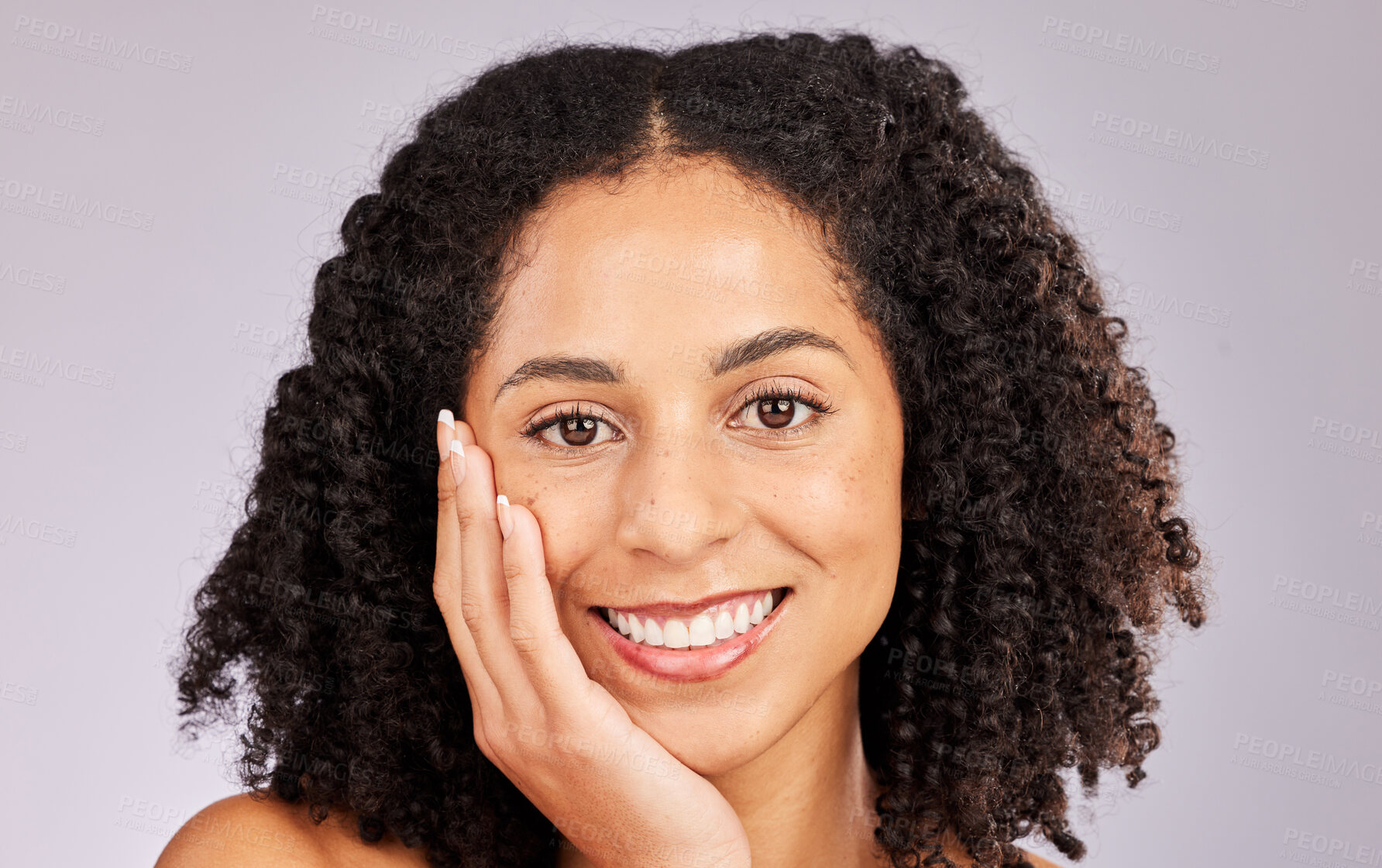 Buy stock photo Black woman, portrait and spa beauty from skin glow and dermatology in a studio. Makeup, happiness and cosmetics of a young model with afro feeling happy from salon, facial and wellness treatment