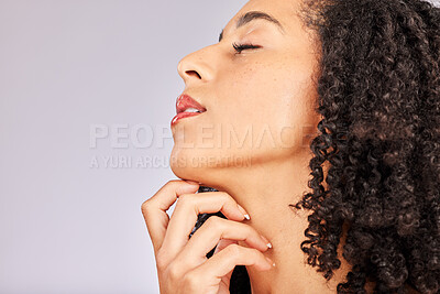 Buy stock photo Black woman, studio and skincare with profile, beauty and curly afro hair with satisfaction by background. Gen z model, face cosmetics and natural skin glow with wellness, headshot and dermatology