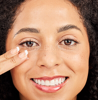 Buy stock photo Face, skincare and portrait of black woman with cream for facial dermatology. Cosmetics, smile and happy young female model apply lotion, creme or moisturizer product for skin health and wellness.