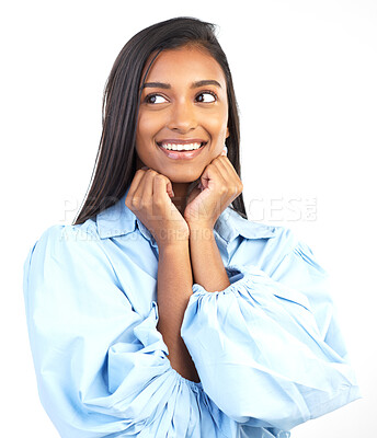 Buy stock photo Mockup fashion, thinking and Indian woman on a white background for discount, sale and deal. Copy space, blank advertising and happy, excited and girl with smile for news, branding and promotion