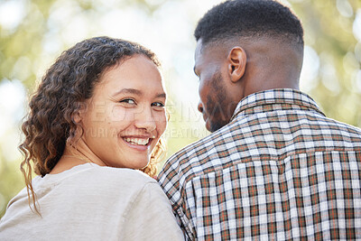 Buy stock photo Portrait, love and a couple in the park together for a romantic date for their anniversary celebration during summer. Face, spring and romance with an attractive young female dating her boyfriend