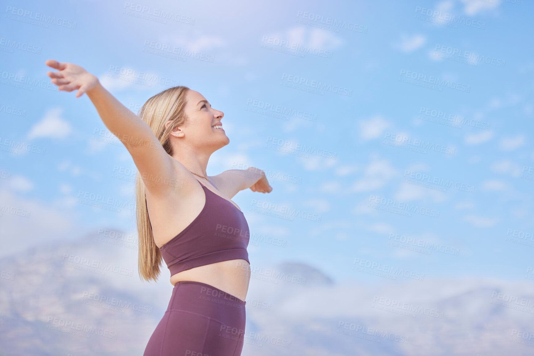 Buy stock photo Freedom, arms and woman on blue sky mockup for fitness health, outdoor exercise and spiritual wellness. Winning, winner and happy person or athlete with sports success, stress free and hands in air