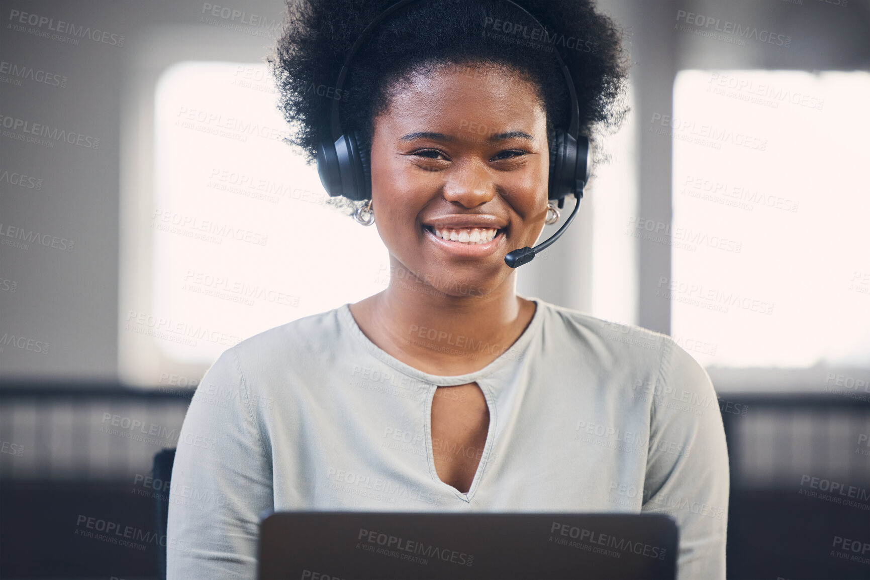 Buy stock photo Call center, portrait or happy black woman typing in office building startup agency with smile or support. Face, customer services or African sales consultant in a telecom or communications company