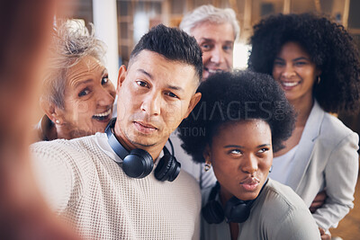 Buy stock photo Call center, men and women in funny selfie with smile, diversity or happiness for teamwork. Asian man, old woman or black people in tech support with comic profile picture for friends on social media