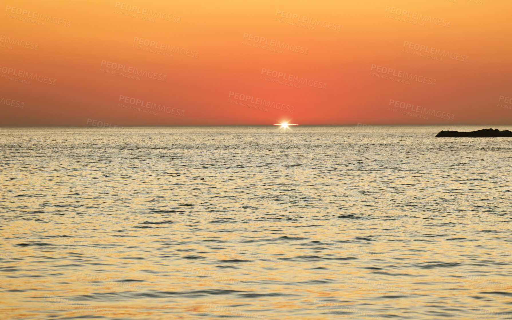 Buy stock photo Sunset, ocean and horizon with a view over the sea during summer under an orange sky for mockup. Nature, water and earth with waves on a seascape for zen, peace or inspiration on a sunrise backdrop