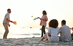 Beach, ping pong and family on a summer vacation, adventure or weekend trip in Australia. Travel, fun and people playing a sports game on the sand by the ocean while on a seaside holiday together.