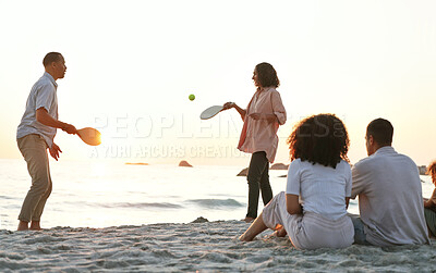 Buy stock photo Beach, ping pong and family on a summer vacation, adventure or weekend trip in Australia. Travel, fun and people playing a sports game on the sand by the ocean while on a seaside holiday together.