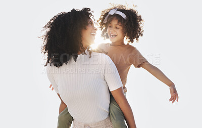 Buy stock photo Mockup, mother and girl with smile, piggy back and love with quality time, holiday and celebration. Family, mama and daughter with happiness, bonding and loving on weekend break, carefree and relax