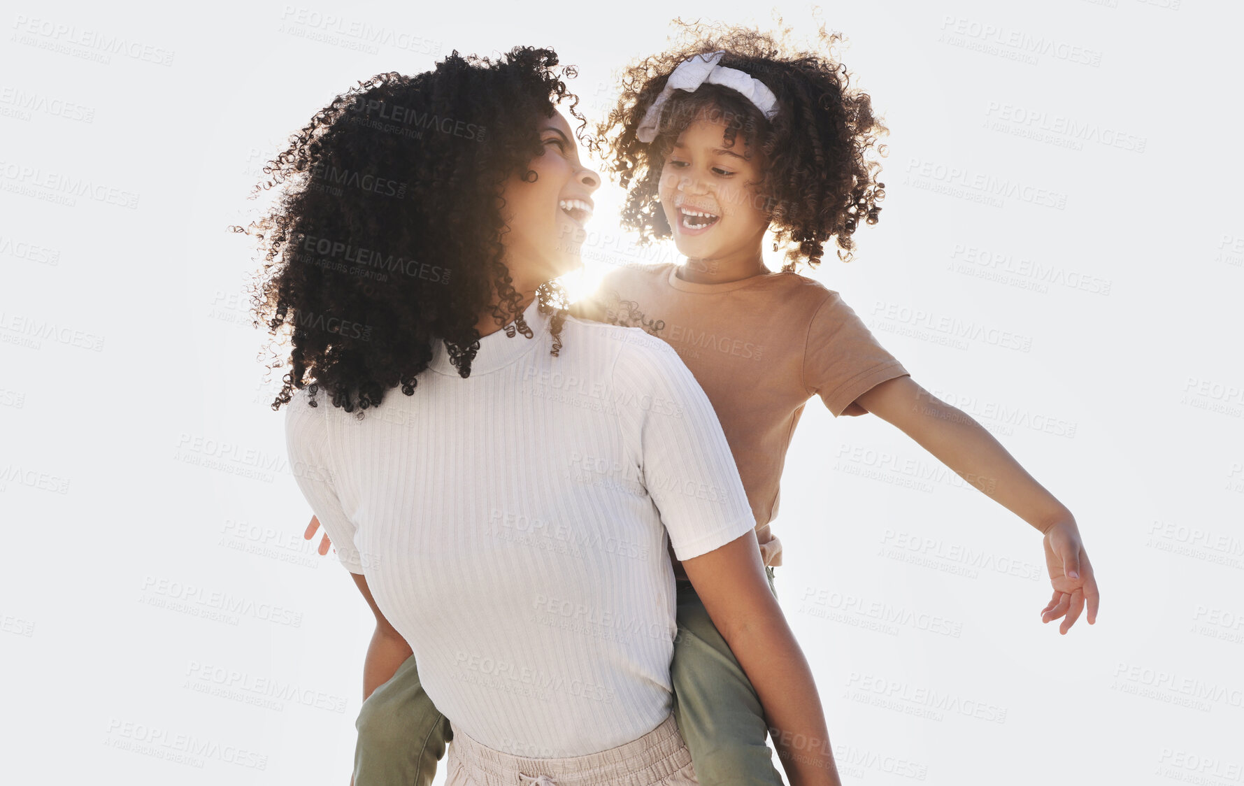 Buy stock photo Mockup, mother and girl with smile, piggy back and love with quality time, holiday and celebration. Family, mama and daughter with happiness, bonding and loving on weekend break, carefree and relax