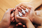 Hands, family and paper cutout, support and connection, link and bonding, foster care and adoption. Palm, parents and child with parenthood, art and craft with solidarity and community with trust