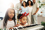 Proud, happy family and children playing piano on Christmas holiday excited on holiday in a home or house. People, celebrate and kids make music or song singing together in celebration and bonding