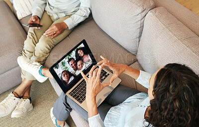Buy stock photo People on video call, family and heart hand with love, laptop screen and communication, grandparents and bonding. Emoji, connection and hands, relax at home with virtual chat in lounge top view