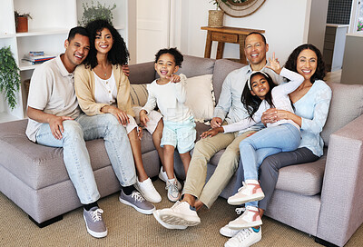 Buy stock photo Relax, happy and portrait of big family on sofa for bonding, quality time and support. Affectionate, smile and excited with parents and children in living room at home for happiness, care and calm