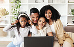 Video call, funny and family with a laptop for communication, movie or conversation online. Comic, bonding and parents with children for connection, photo or streaming on the internet with tech