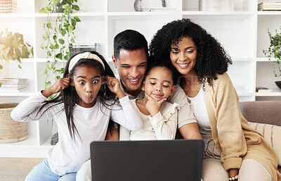 Buy stock photo Video call, funny and family with a laptop for communication, movie or conversation online. Comic, bonding and parents with children for connection, photo or streaming on the internet with tech