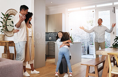 Buy stock photo Welcome, happy and hug with grandparents and family in living room for bonding, greeting and meeting. Smile, affectionate and generations with children and parents at home for hello, embrace or visit