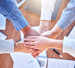 Diversity, stack of hands and business people in collaboration for teamwork, motivation or success in office. Community, celebration and top view of corporate team or group in solidarity in workplace