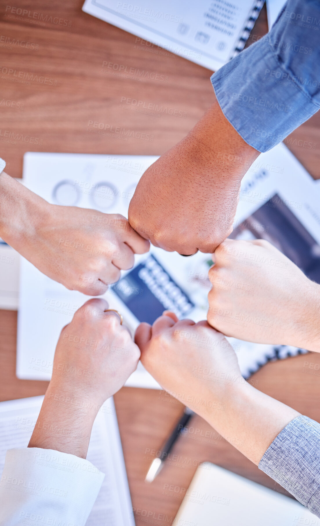 Buy stock photo Fist bump, solidarity and above of business people hands for motivation, partnership and support. Meeting, teamwork and employees with fists for unity, collaboration and team building at a seminar