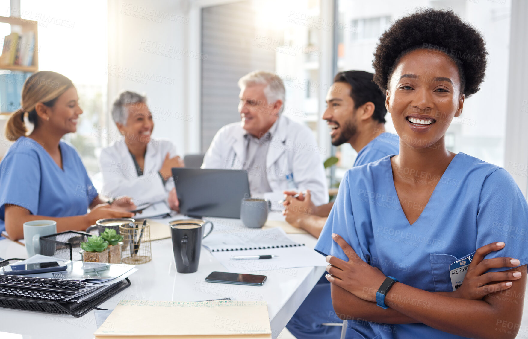 Buy stock photo Portrait, happy black woman or nurses in meeting for a strategy or working in hospital for healthcare together. African, smile or group of  doctors talking, planning or helping innovation or ideas 