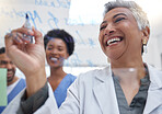 Happy, planning or doctors writing on glass board planning a strategy working in hospital for future medicine. Smile, teamwork or senior nurses meeting for medical health innovation or ideas together