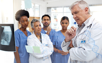 Buy stock photo Team work, planning x ray or doctors thinking of a strategy working in hospital for future healthcare. Collaboration, thoughtful or senior nurses meeting for medical innovation or ideas together