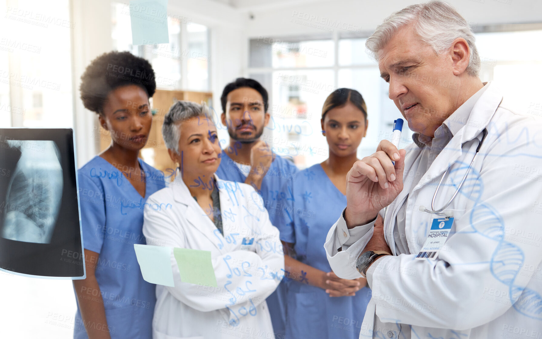 Buy stock photo Team work, planning x ray or doctors thinking of a strategy working in hospital for future healthcare. Collaboration, thoughtful or senior nurses meeting for medical innovation or ideas together