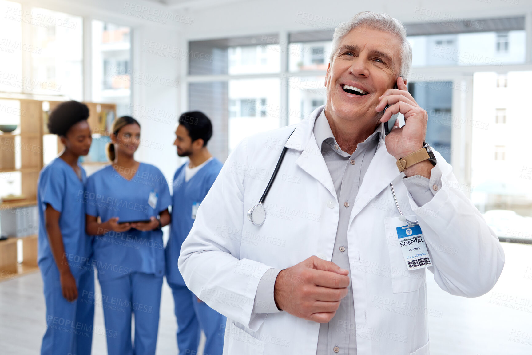 Buy stock photo Phone call, hospital office and senior doctor online for research, telehealth and medical consulting. Healthcare, clinic and happy man health worker on smartphone for talking, discussion and speaking