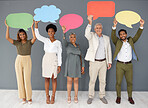 Comment, portrait and mockup with business people and speech bubble for logo, social media and forum. Opinion, vote and branding with group and chat sign for idea, communication and text message icon