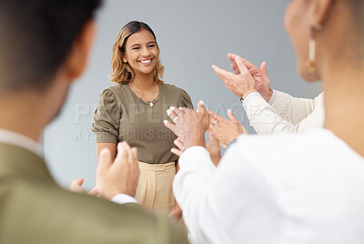 Buy stock photo Team applause, business woman and success of leader or winner achievement, growth or motivation. Happy entrepreneur person with staff clapping hands for group celebration, manager promotion or goals