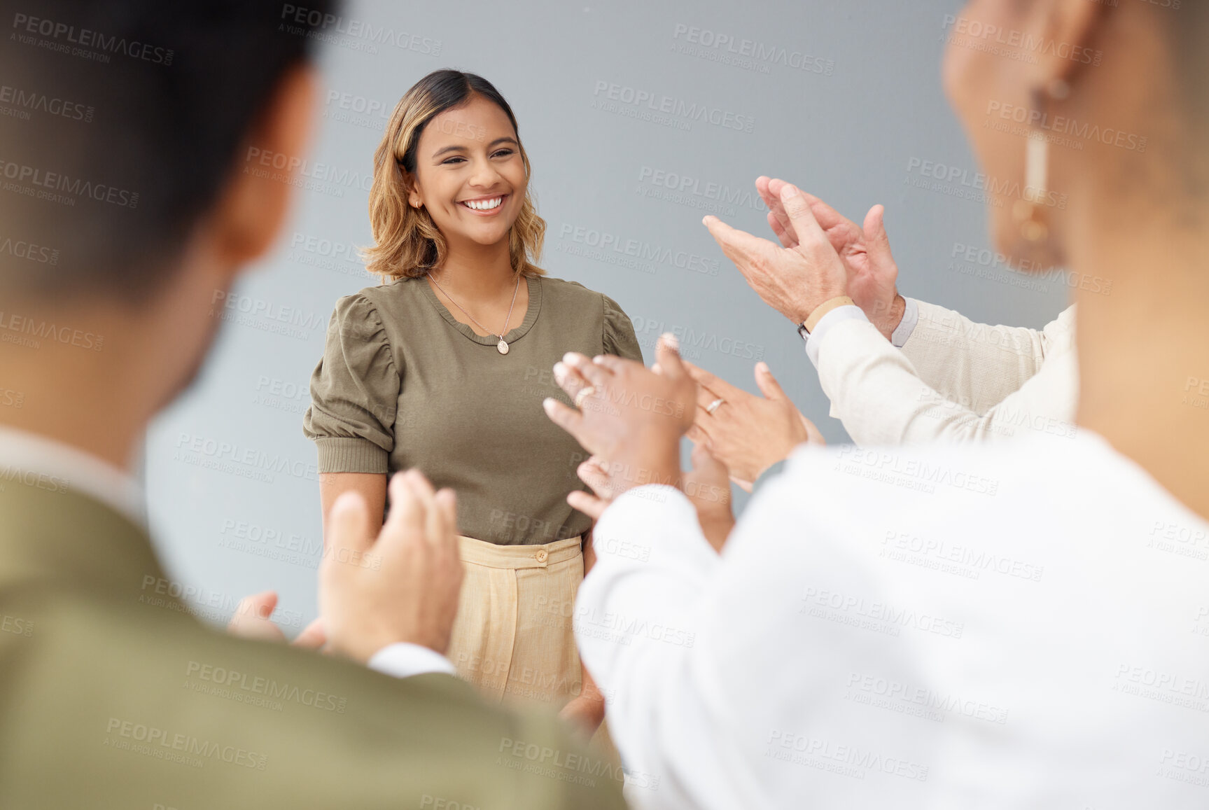 Buy stock photo Team applause, business woman and success of leader or winner achievement, growth or motivation. Happy entrepreneur person with staff clapping hands for group celebration, manager promotion or goals