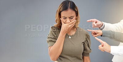 Buy stock photo Bullying, pointing and hands with business woman for mistake, shame and betrayal in workplace. Guilty, wall background and upset girl with fingers point for blame, negative judgement and conflict