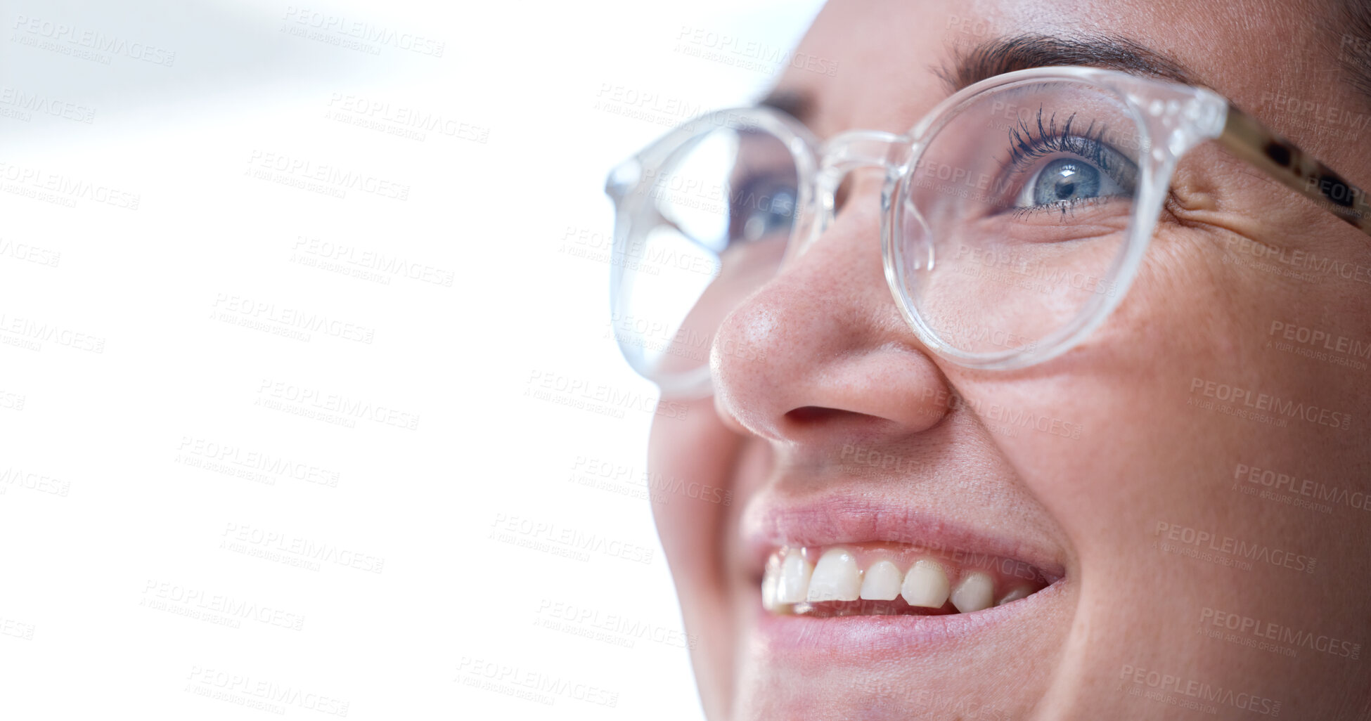 Buy stock photo Woman, vision and glasses, face and smile with mockup space, designer frame and prescription lens. Optometry, health for eyes and eyewear, eye care and thinking with happy female in closeup