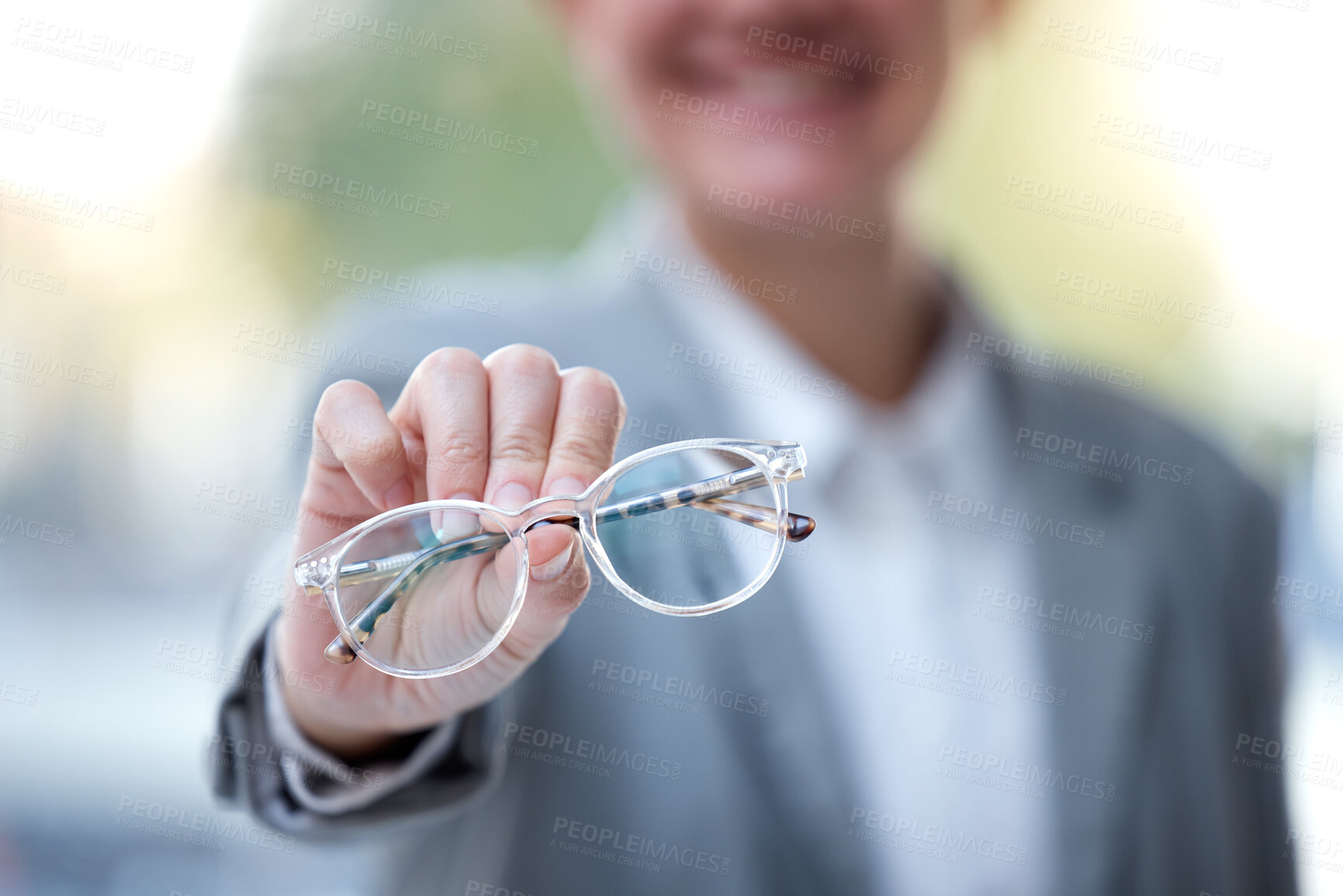 Buy stock photo Frame, optometry and hands with glasses for eyes for eye exam, vision testing and optician store. Ophthalmology, medical and woman holding prescription lens for choice, selection and optical care