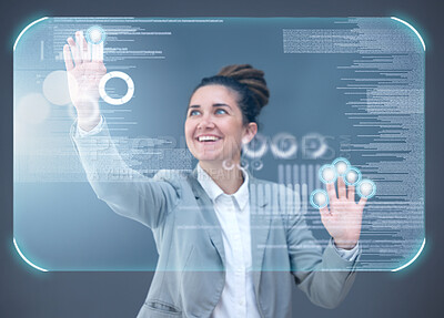 Buy stock photo Woman, hands and 3D hologram of dashboard in digital transformation, analytics or data research. Female employee busy on futuristic technology, UI or holographic display for analysis or statistics