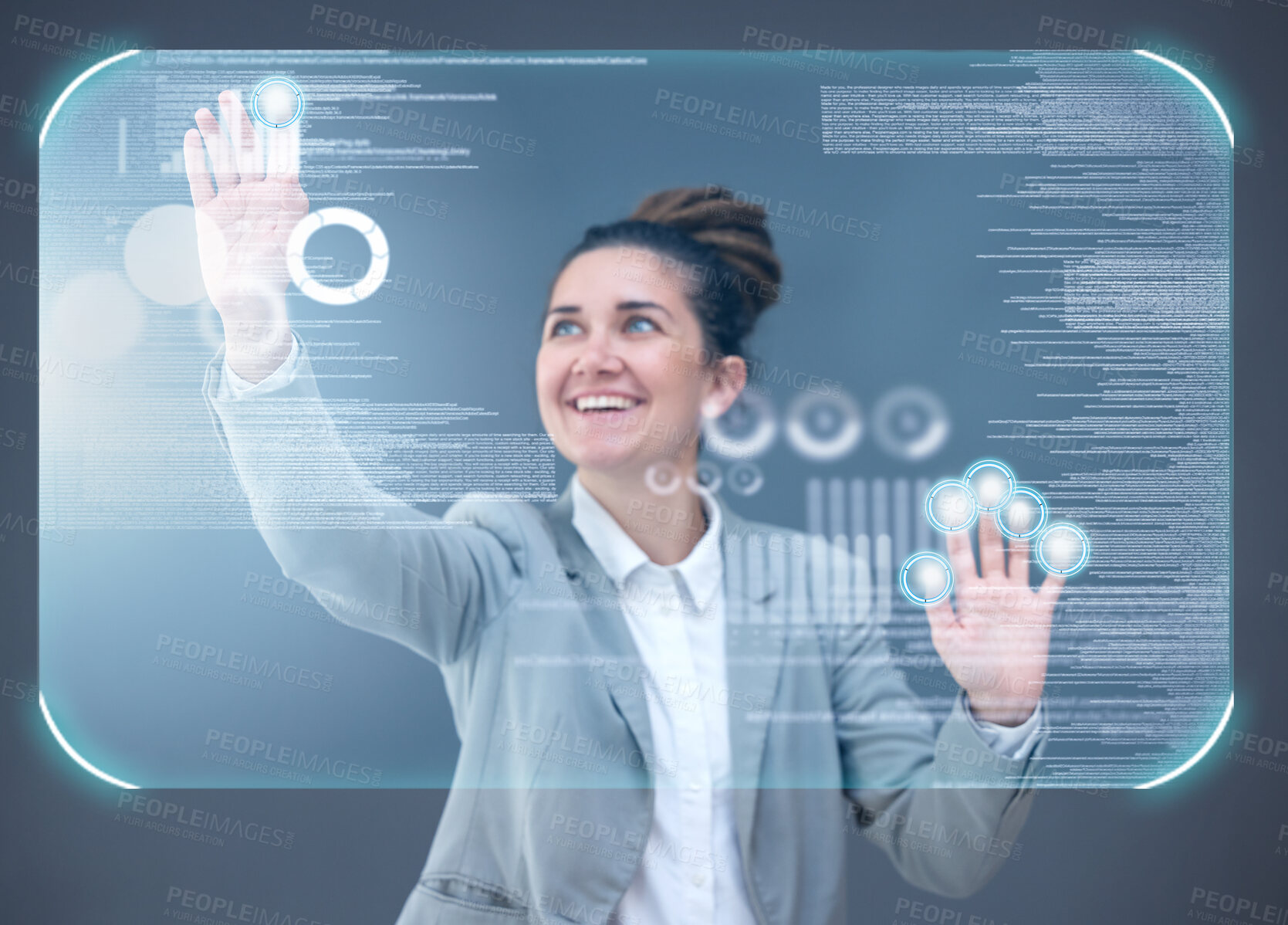 Buy stock photo Woman, hands and 3D hologram of dashboard in digital transformation, analytics or data research. Female employee busy on futuristic technology, UI or holographic display for analysis or statistics