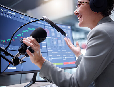 Buy stock photo Stock market podcast, woman with microphone and live streaming of web growth with radio presenter. Fintech influencer, blog chat and trading information communication of social media online speaker 