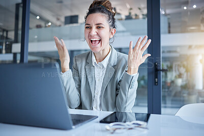 Buy stock photo Happy, success and laptop businesswoman celebrating in an office  and working and excited for achievement. Celebration, celebrate and corporate employee winning at her goal or promotion