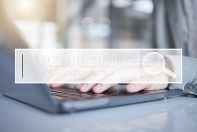 Buy stock photo Hands, laptop and search bar for research, question or query on information, data or knowledge at the office desk. Hand of employee browsing on computer for online lookup, inquiry or IoT on mockup