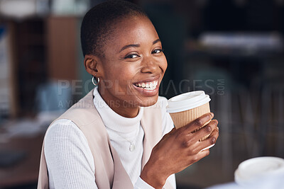 Buy stock photo Happy, morning and portrait of a black woman with coffee for energy, smile and start to the day. Happiness, drink and African employee drinking a warm beverage for relaxation, enjoyment and warmth