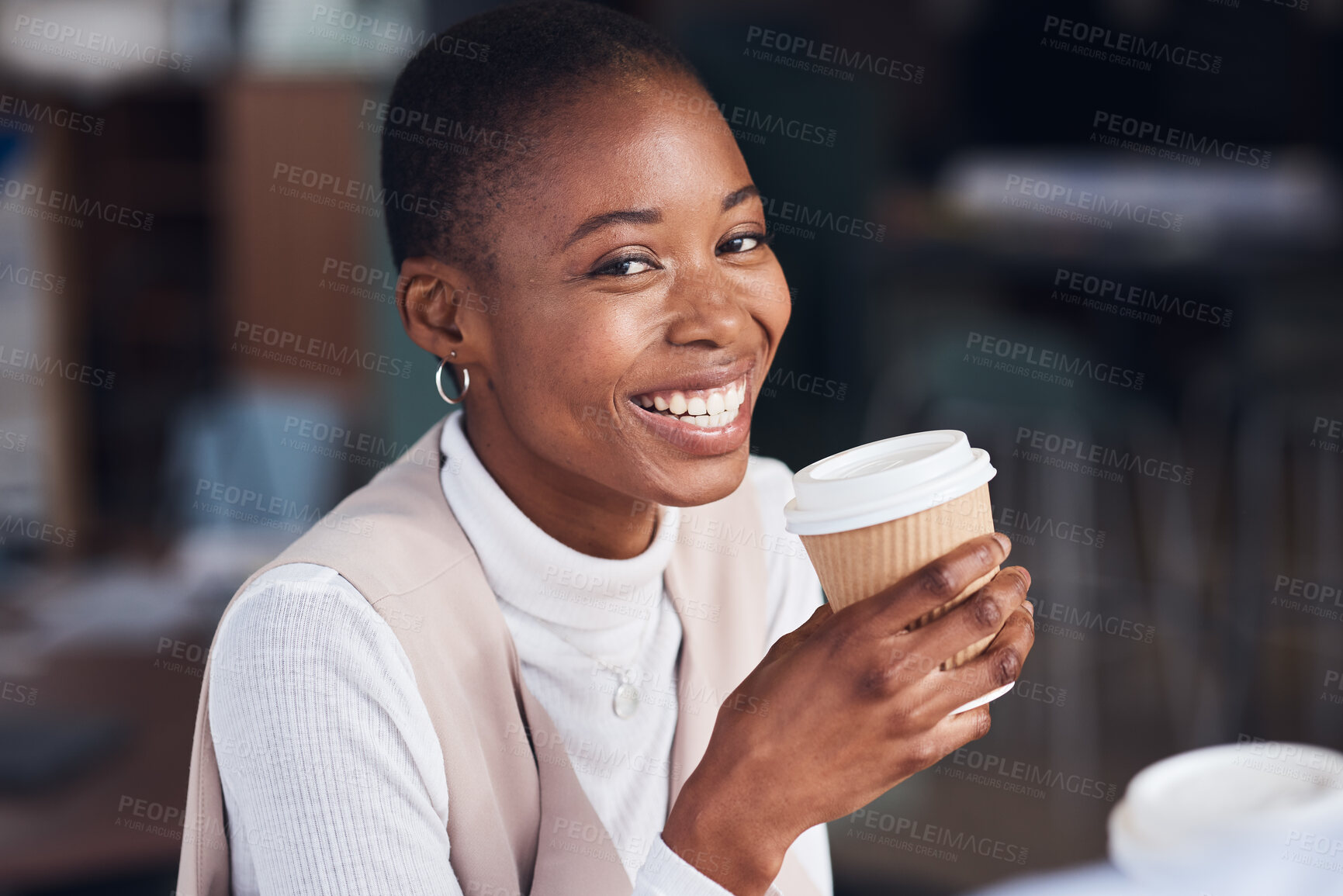 Buy stock photo Happy, morning and portrait of a black woman with coffee for energy, smile and start to the day. Happiness, drink and African employee drinking a warm beverage for relaxation, enjoyment and warmth