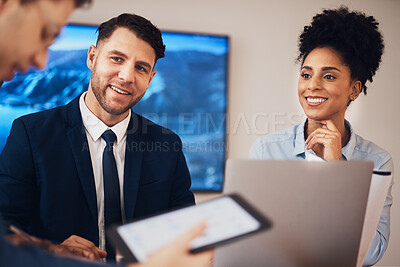 Buy stock photo Teamwork, planning or happy business people in meeting together in group or office project. Smile, mission or employees listening with interest in collaboration for online strategy or agency goals