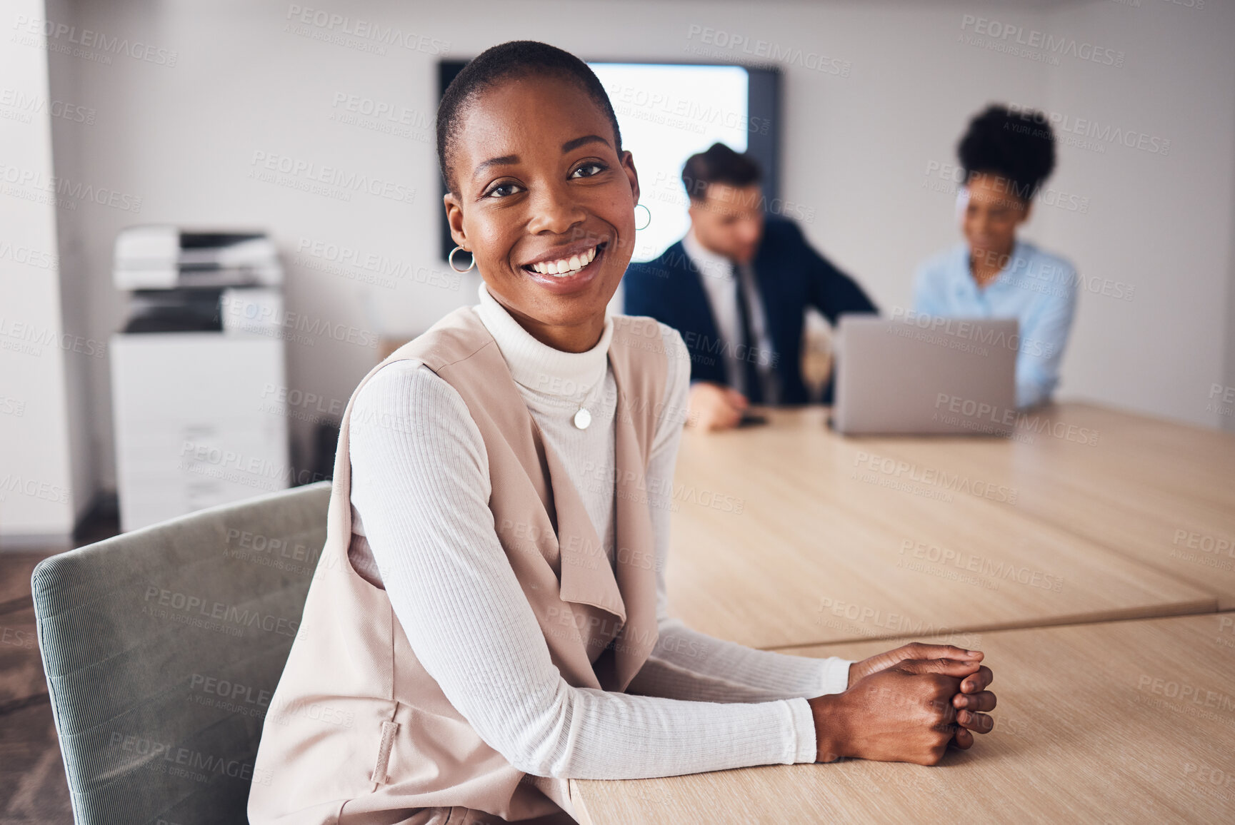 Buy stock photo Portrait of professional black woman with business leadership, job management and planning in conference room. Young employee, worker or corporate person with employees workflow and career mindset