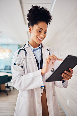 Black woman, tablet and doctor online for medical research, results or healthcare consultation. Hospital worker or person hand to scroll website, search or mobile app or health insurance advice